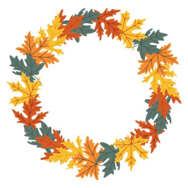 Turuncu, sarı ve yeşil tonlarda, içi boş sonbahar akçaağaç yapraklarından yapılmış yuvarlak çelenk. Sonbahar dekorasyonu, mevsimsel kutlama ve doğal zarafet kavramı..