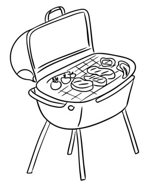 Açık kapaklı el yapımı ızgara ve ızgarada çeşitli et ve sebzeler, beyaz arka planda izole edilmiş. Yaz pikniği kavramı, açık hava yemekleri ve sosyal toplantı.