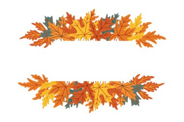 Renkli sonbahar akçaağaç yapraklı el yapımı afiş çerçevesi turuncu, sarı ve yeşil, beyaz arka planda izole. Sonbahar dekorasyonu, mevsimsel selamlama ve doğa tasarımı kavramı