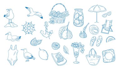 Plaj, meyve, kuşlar ve deniz elementleriyle yaz karalama seti beyaz arka planda mavi çizgilerle çizilmiş. Tatil kavramı, deniz kenarı yaşam tarzı ve tropikal rahatlama