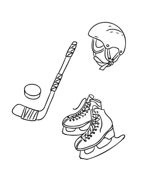 Kasklı, patenli, sopalı ve disksiz hokey ekipmanları beyaz arka planda siyah çizgili. Kış sporu ve aktif yaşam tarzı kavramı