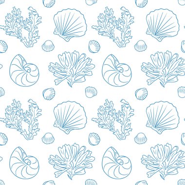 Mercan, deniz kabuğu ve nautilus elementlerinin narin el çizimi şeklinde kusursuz deniz deseni. Okyanus yaşamı, doğadan esinlenilmiş tasarım ve kıyı atmosferi kavramını temsil eder.