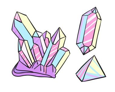 Renkli prizmatik kristaller, pembe, mavi ve sarı renkte pastel tonlarıyla. Enerji kavramı, iyileştirme taşları ve sihirli mineral oluşumları