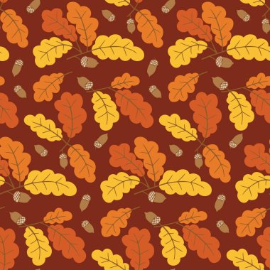 Kırmızı zemin üzerinde meşe yaprakları ve meşe palamudu bulunan kusursuz vektör deseni. Mevsimlik doğa, sonbahar hasadı ve orman tasarımı kavramı