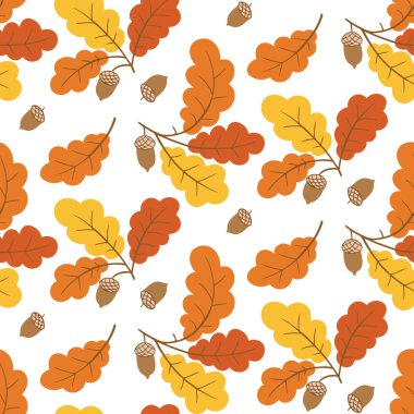 Elle çizilmiş meşe yaprakları ve sonbahar renklerinde meşe palamudu ile kusursuz desen. Sonbahar mevsimi, hasat ve doğa kavramı dekoratif olarak tekrarlanan bir dizayn.