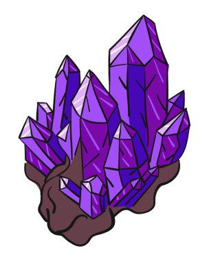 Keskin yüzlü ve zengin mor renkli Ametist kristal küme çizimi, el çizimi vektör resmi, değerli taş kavramı