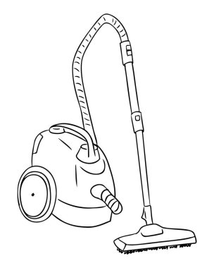 Hortumlu ve zemin başlıklı elektrikli süpürge çizimi, el çizimi vektör resmi, ev temizleme konsepti