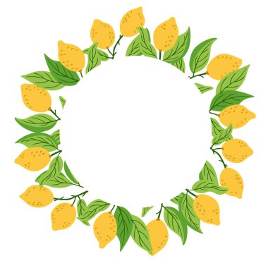 Taze sarı meyve ve yeşil yapraklı limon çelengi çizimi, el çizimi vektör resmi, yaz dekorasyonu konsepti