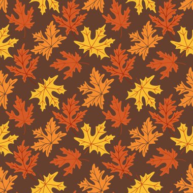Koyu arkaplanda renkli sonbahar akçaağaç yapraklarıyla kusursuz desen, el çizimi vektör resmi, sonbahar mevsimi konsepti
