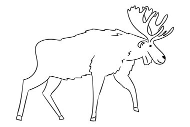 Büyük boynuzlu geyik sakince yürüyor, basit bir karalama stiliyle çizilmiş. Vahşi yaşam kavramı, kuzey doğası ve orman hayvanı çizimleri.