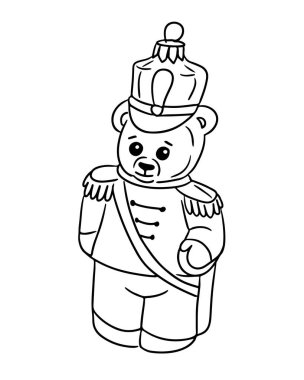 Dekoratif üniformalı ve uzun şapkalı fındıkkıran asker kılığındaki oyuncak ayının el çizimi tasviri. Klasik Noel oyuncağı, bayram geleneği ve şenlikli nostalji kavramı