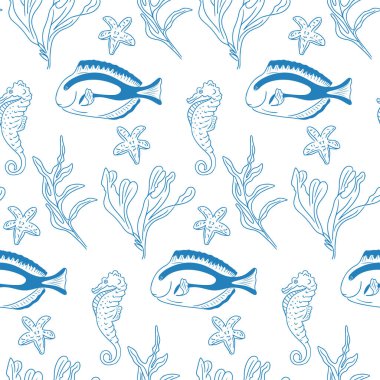 Beyaz arka planda, balık, denizatı, denizyıldızı ve deniz yosunlarıyla el çizimi, kusursuz desen. Deniz yaşamı, sualtı dünyası ve okyanus doğası tasarımı kavramı