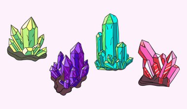 Yeşil, mor, mavi ve kırmızı tonlu ve keskin geometrik yüzeyli renkli kristal kümelerin el çizimi çizimi çizimi. Mücevher, maden güzelliği ve doğal hazine kavramı.