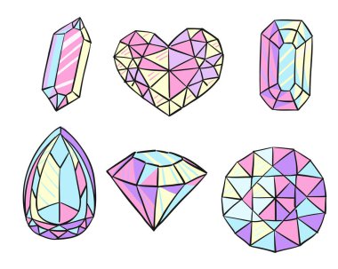 Değişik şekillerde renkli değerli taşlar ve siyah çizgili pastel renkler. Geometrik sanat tarzında lüks, güzellik ve değerli mineraller kavramı