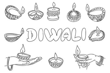 Diwali lambaları ve dekoratif diya elementleri. Elleri geleneksel tarzda mumları tutuyor. Siyah ve beyaz ana hat vektörü. Bu görüntü Diwali kutlaması ve Hint kültürü kavramını temsil ediyor.