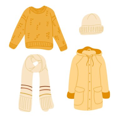 Süveter, ceket, eşarp, örgü şapka ve rahat el yapımı vektörle sıcacık kışlık giysiler. Bu görüntü konfor, soğuk hava modası ve mevsimlik kıyafet gereksinimlerini iletir.