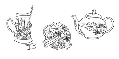 Bir bardak limonlu çay, çaydanlık ve ana hatlarıyla çizilmiş aromatik baharatlar. Sıcaklık, mevsimsel konfor ve sıcak sonbahar veya kış çay zamanı kavramı