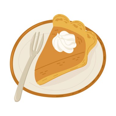 Tabak ve çatal üzerinde krem şanti ile balkabağı turtası diliminin el çizimi çizimi. Geleneksel tatlı kavramı, bayram ziyafeti ve tatlı konforlu yemek