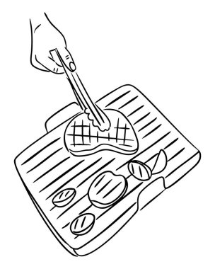 Sebzeli ve etli ızgaranın maşayla pişirildiği el çizimi. Barbekü kavramı, açık hava yemekleri, piknik ve yaz yemeği hazırlama.