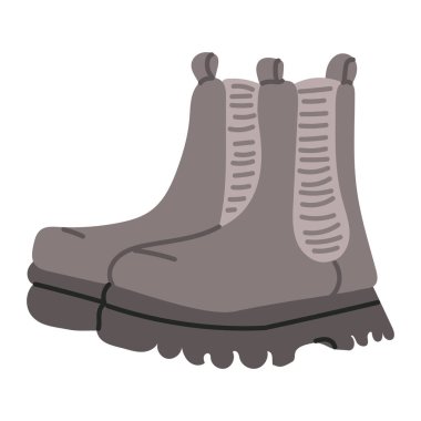 Beyaz arka planda nötr tonlarda bir çift ağır görev botunun el çizimi. Ayakkabı, sonbahar kıyafeti, açık havada yürüyüş ve soğuk mevsim koruması kavramı.