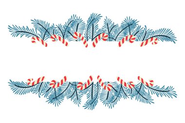 Noel sınırının elle çizilmiş vektör çizimi, köknar dalları ve beyaz arka planda düz stil şeker kamışları. Tatil dekorasyonu, kış kutlaması ve şenlik çerçevesi kavramı