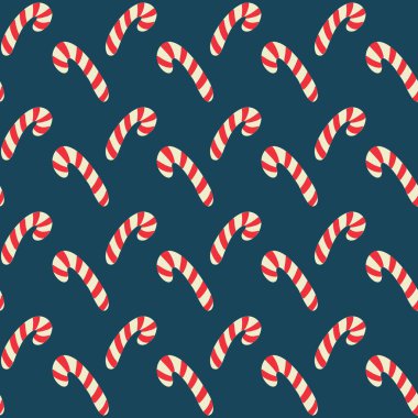 El çizimi, koyu arka planda kırmızı ve beyaz baston şekerli, pürüzsüz vektör deseni. Noel süslemesi, güzel bayram ve şenlikli paket tasarımı kavramı.