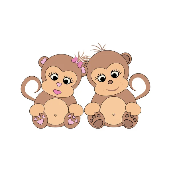 Little Monkeys Boy Girl Cute Sit Side Side Snuggled Each — Stock Vector