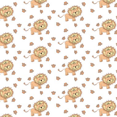  Hayvanların arka planında kusursuz desenler var. Aslan ve ayak izleriyle kusursuz desen. Çocuklar için şirin desen.