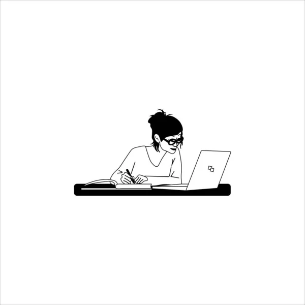 Κορίτσι Στον Υπολογιστή Ασπρόμαυρα Χρώματα — Διανυσματικό Αρχείο