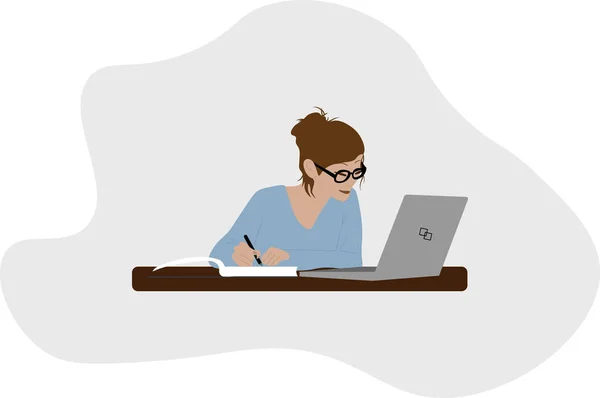 Μελαχρινή Γυναίκα Εργάζεται Μάθηση Στον Υπολογιστή — Διανυσματικό Αρχείο
