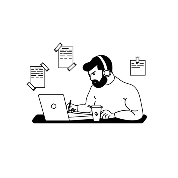 Мужчина Работает Компьютерной Иллюстрации Черно Белом Человеке Ноутбуком — стоковый вектор