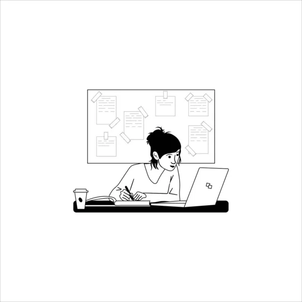 在笔记本电脑上工作的女孩在用黑白相间的计算机图解学习 — 图库矢量图片