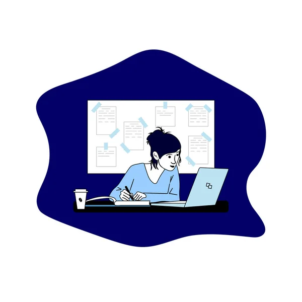 Vrouw Meisje Werkt Studeren Aan Computer Illustratie Blauwe Tinten — Stockvector