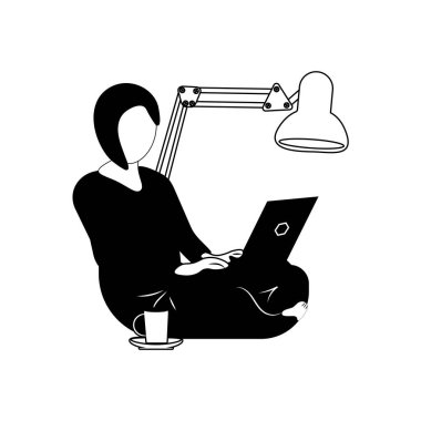 Bilgisayarlı kız, internetten uzaktan görüntü almayı öğreniyor ya da günümüzün siyah beyaz dünyasında çalışıyor.