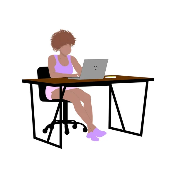 Gadis Berkulit Gelap Dengan Komputer Belajar Untuk Bekerja Online Gambar - Stok Vektor