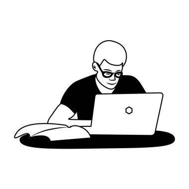  Genç adam çevrimiçi vektör resmini beyaz arkaplanda öğreniyor