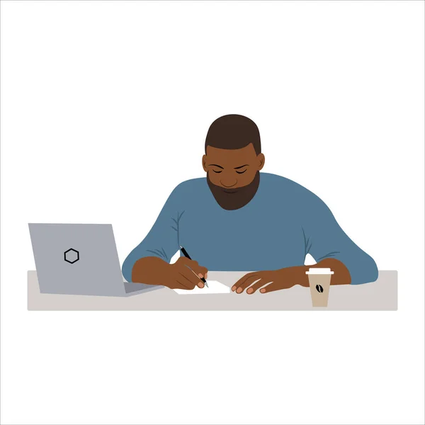 Jonge Zwarte Man Studeren Werken Online Laptop Vector Afbeelding Witte — Stockvector
