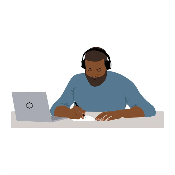 Jonge Zwarte Man Studeren Werken Online Laptop Vector Afbeelding Witte — Stockvector