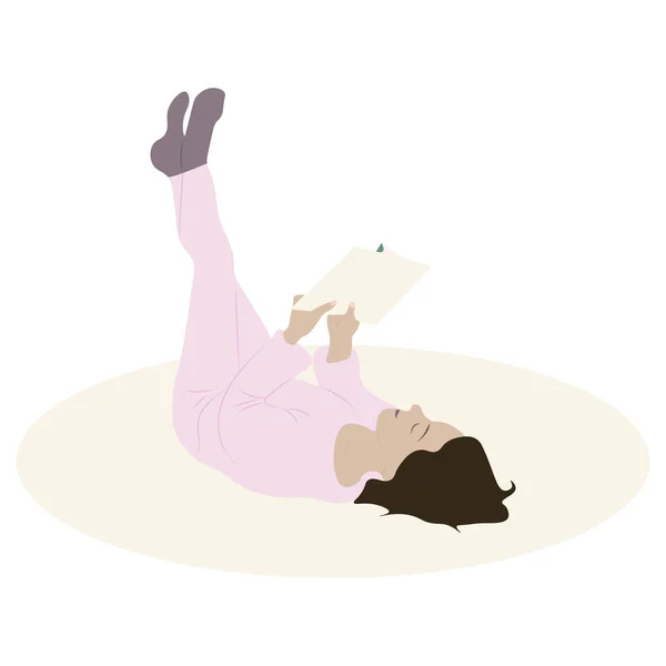 Дівчина Рожевому Костюмі Книгою Лежить Підлозі Ногами Вгору Вектор — стоковий вектор