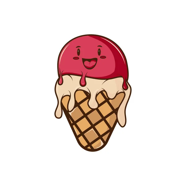 冰淇淋 把冰淇淋融化在华夫饼筒里 卡通风格的角色 白色背景上的绝缘角 印刷用矢量图解 — 图库矢量图片