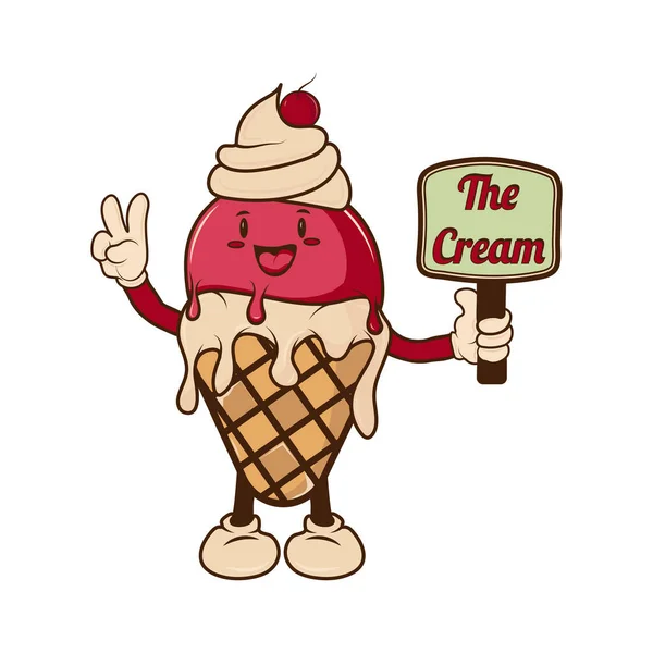 Ice Cream Melting Ice Cream Waffle Cone Cartoon Style Character — Stock Vector