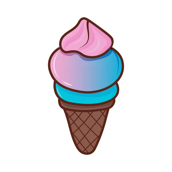 粉红色的蓝色冰激凌在一个白色的背景孤立的华夫饼锥 矢量平面轮廓图标 卡通画中的漫画人物 — 图库矢量图片