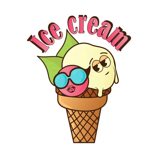 배경에 떨어져 아이스크림을 넣는다 아이콘 티셔츠 디자인에 스타일의 캐릭터 — 스톡 벡터