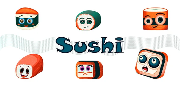 Personajes Divertidos Sushi Sushi Divertido Con Caras Lindas Sushi Roll — Vector de stock