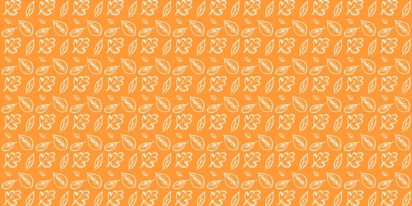 Jesienny Wzór Pomarańczowym Tle Białymi Malowanymi Konturami Jesiennych Liści — Wektor stockowy