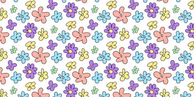 Trendy floral seamless pattern illustration. Vintage 70s style hippie flower background design. Colorful pastel color groovy artwork, y2k nature backdrop with daisy flowers.