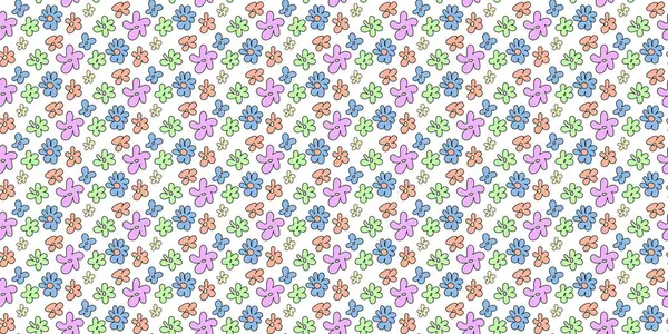 Trendy floral seamless pattern illustration. Vintage 70s style hippie flower background design. Colorful pastel color groovy artwork, y2k nature backdrop with daisy flowers.