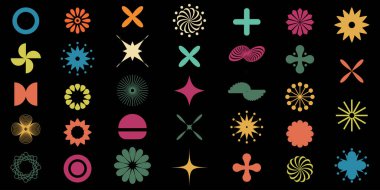 Geometrik soyut çiçek şekilleri, çiçek olarak vektör simgeleri seti, modaya uygun vahşi minimalist sanat seti. Basit Memphis y2k elementleri koleksiyonu, çiçek örgülü düz Bauhaus şablonu. Soyut çiçek şekilleri.