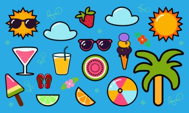 Bir dizi şirin yaz elementi. Yaz posteri, kartpostal, hatıra defteri, etiket, davetiye, etiket seti için mükemmel..