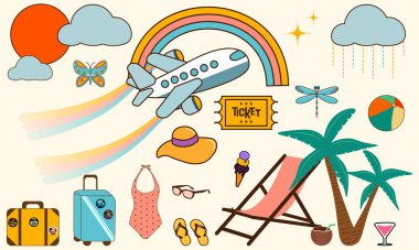 Yaz aksesuarları ve sembolleriyle donatılmış uçak, bilet, palmiye ağaçları, dinlenme odası, bavullar ve diğerleri.